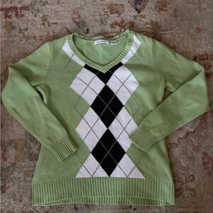 Vintage Liz Claiborne Light Green Argyle V-Neck Sweater